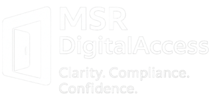 White MSRDA company logo with the words clarity, compliance, confidence next to an opening door